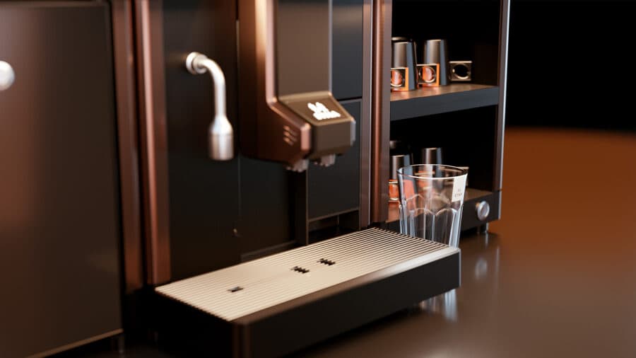 Foto realistisch perspectief ingezoomd uitloop generatie koffiemachine